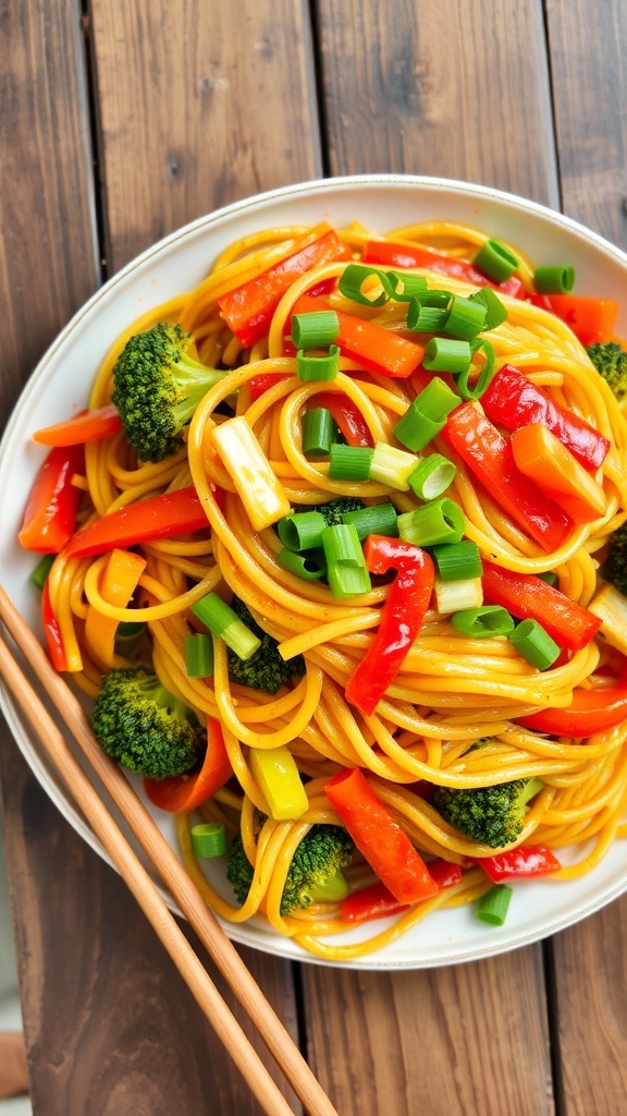 A colorful plate of stir-fried noodles with vegetables, garnished with green onions, on a wooden table.
